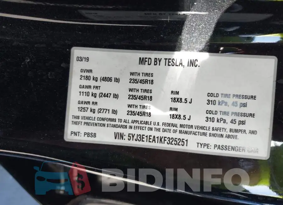 5YJ3E1EA1KF325251 Photo# 9