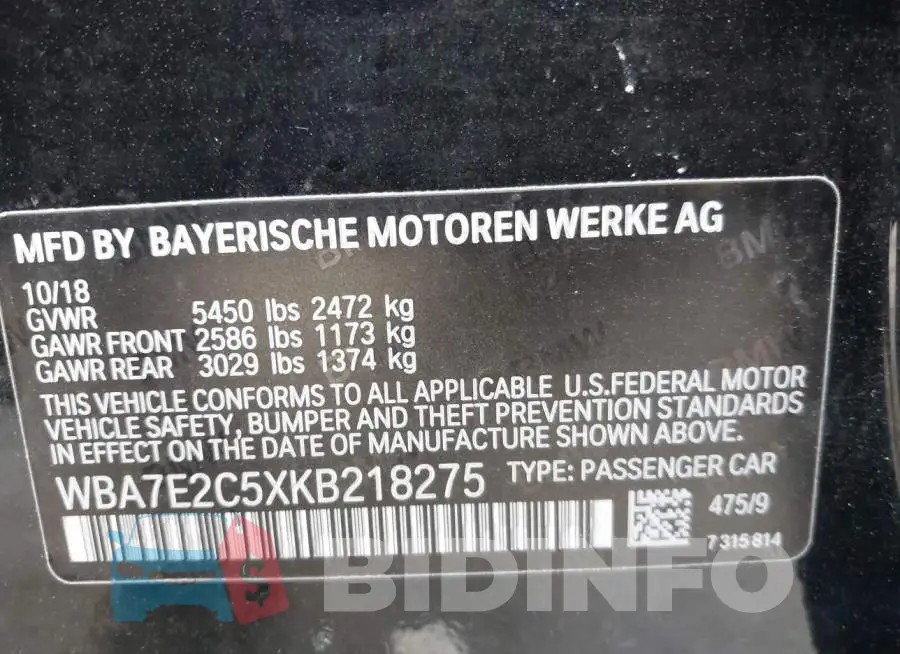 WBA7E2C5XKB218275 Photo# 9