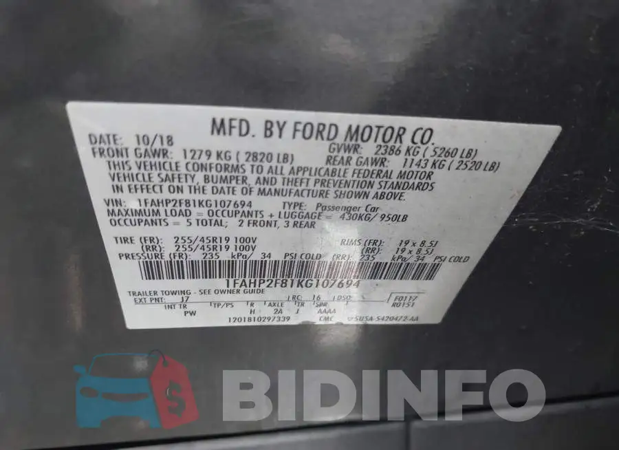 1FAHP2F81KG107694 Photo# 9