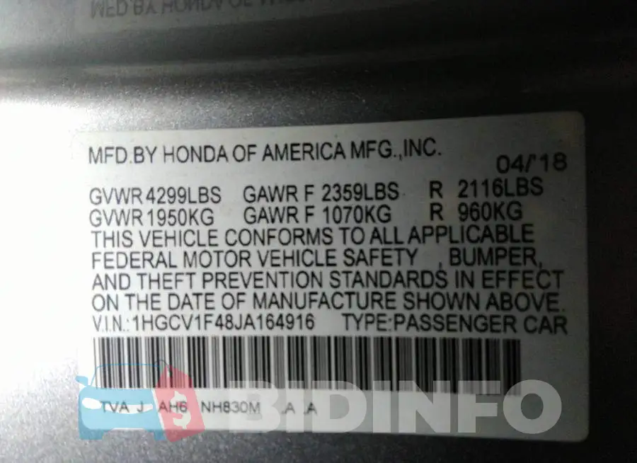 1HGCV1F48JA164916 Photo# 9