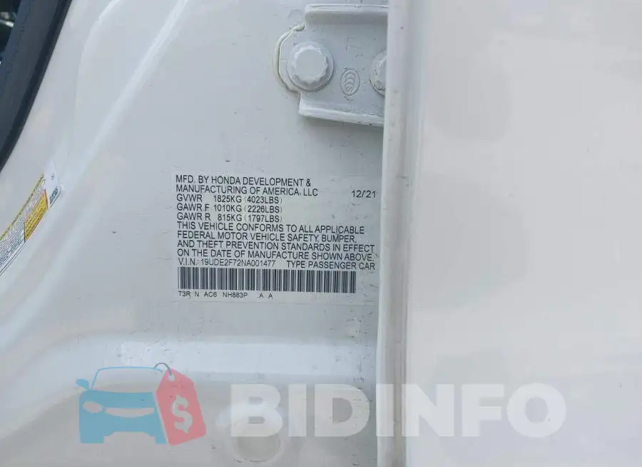19UDE2F72NA001477 Photo# 9