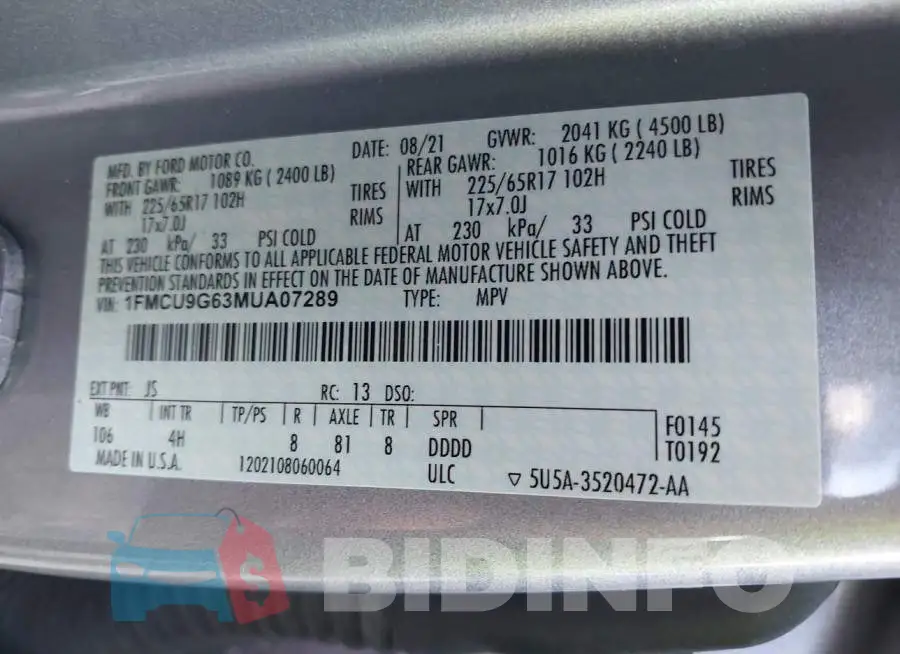 1FMCU9G63MUA07289 Photo# 9