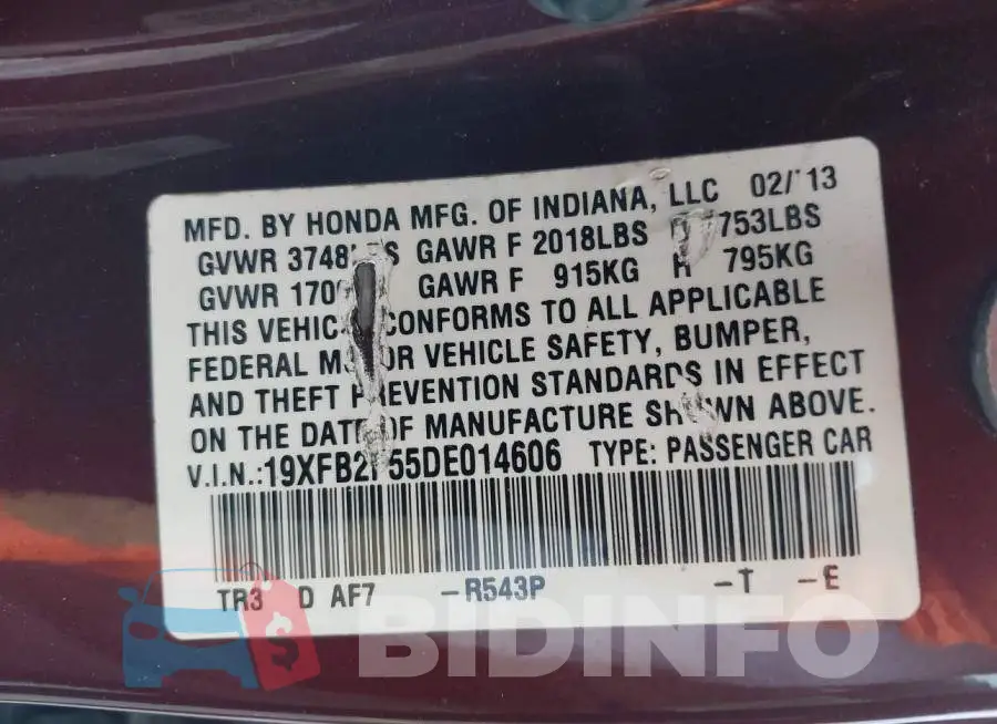 19XFB2F55DE014606 Photo# 9
