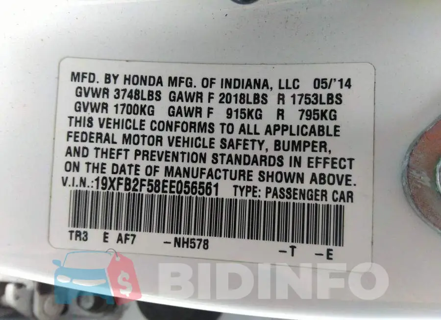19XFB2F58EE056561 Photo# 9