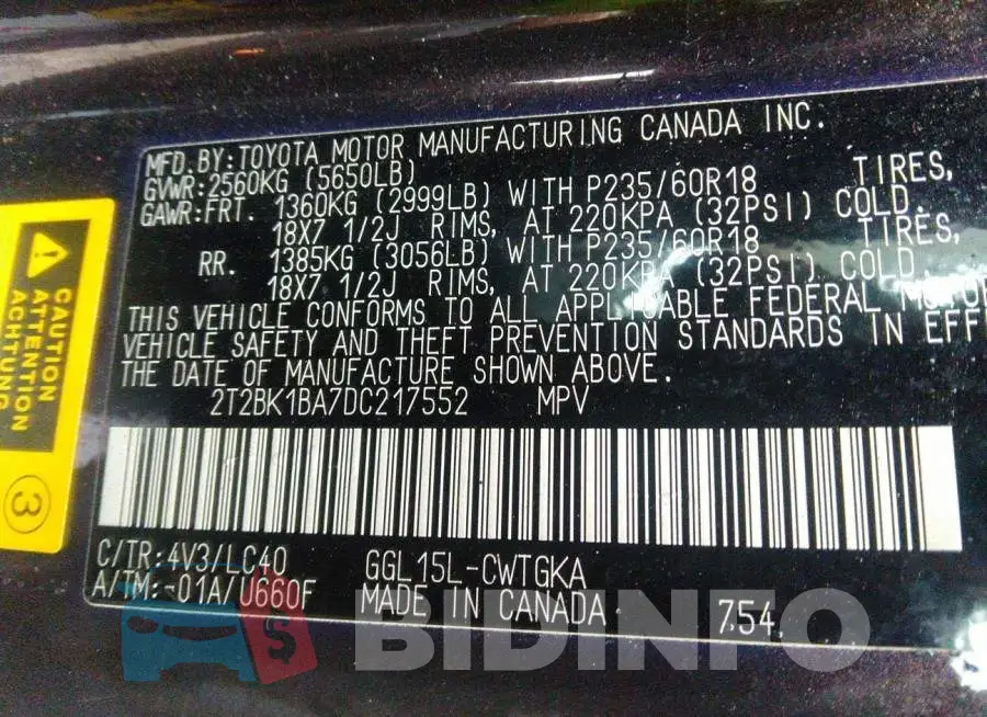 2T2BK1BA7DC217552 Photo# 9