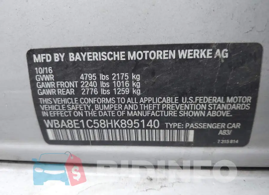 WBA8E1C58HK895140 Photo# 9