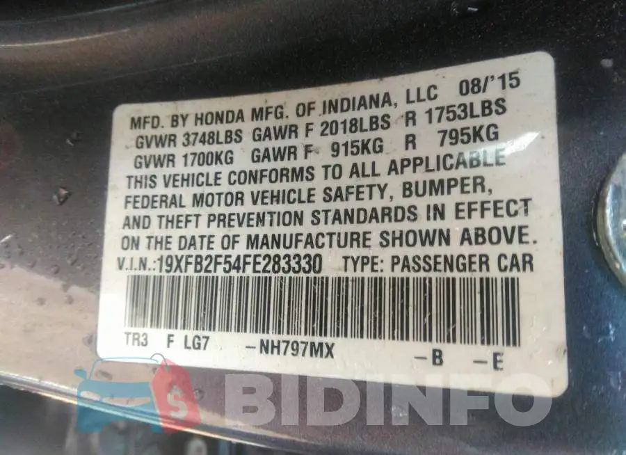19XFB2F54FE283330 Photo# 9