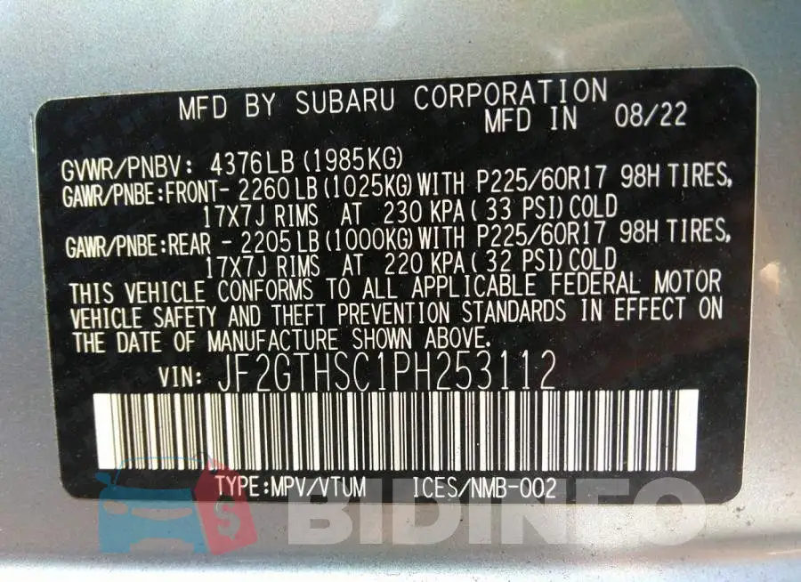 JF2GTHSC1PH253112 Photo# 9