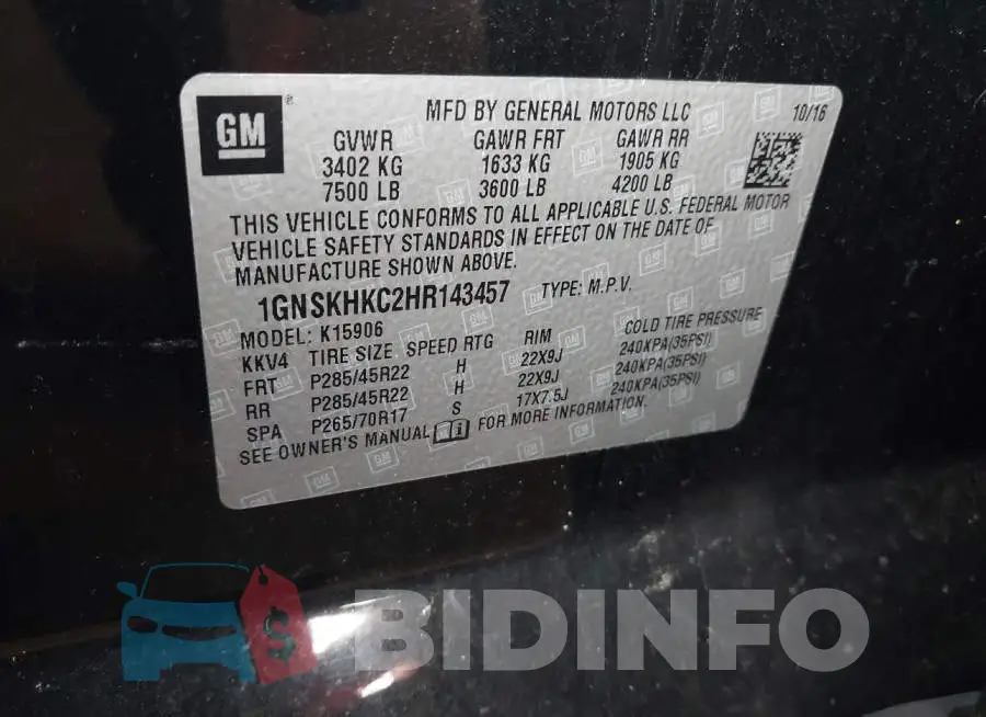 1GNSKHKC2HR143457 Photo# 9