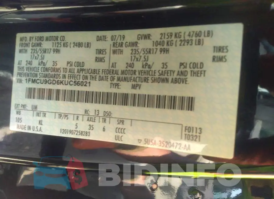 1FMCU9GD6KUC56021 Photo# 9