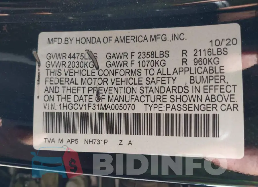 1HGCV1F31MA005070 Photo# 9