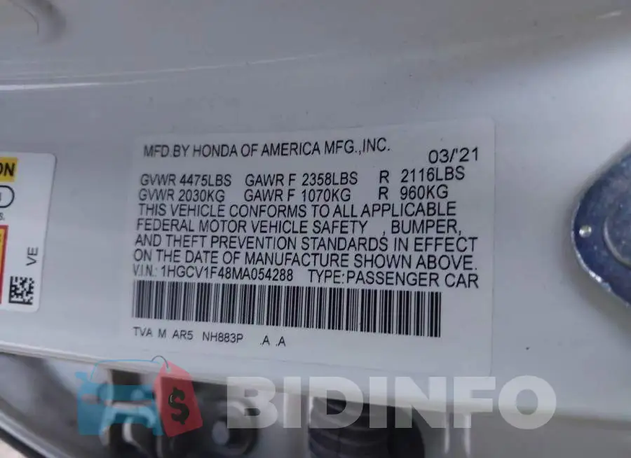 1HGCV1F48MA054288 Photo# 9