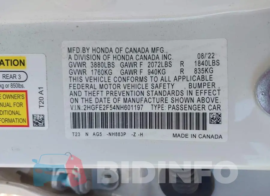2HGFE2F54NH601197 Photo# 9