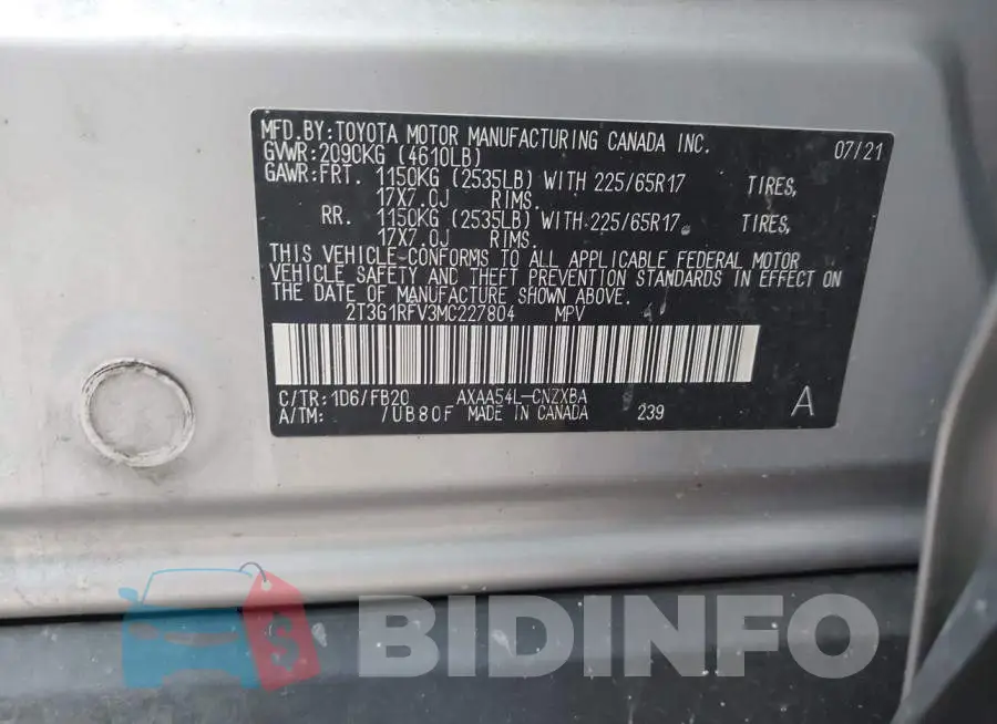 2T3G1RFV3MC227804 Photo# 9