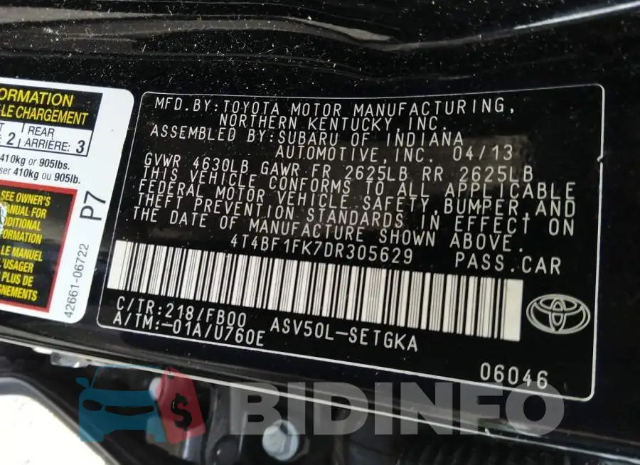 4T4BF1FK7DR305629 Photo# 9