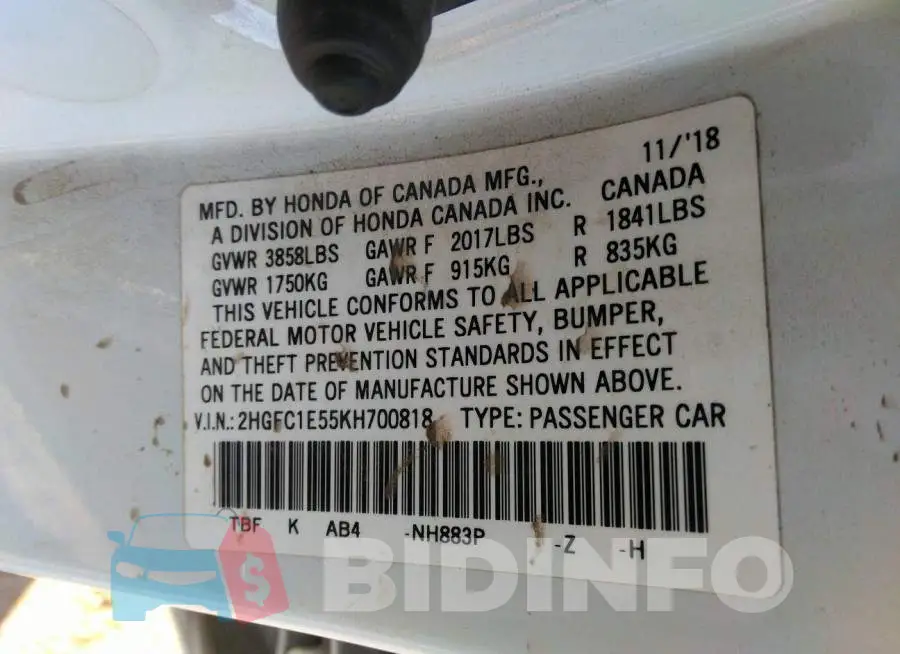 2HGFC1E55KH700818 Photo# 9