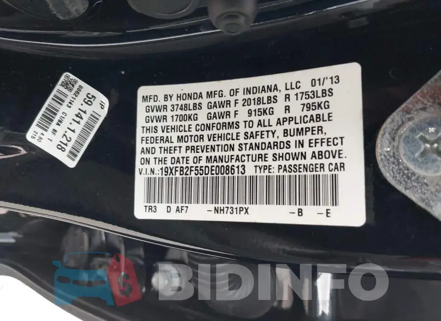 19XFB2F55DE008613 Photo# 9