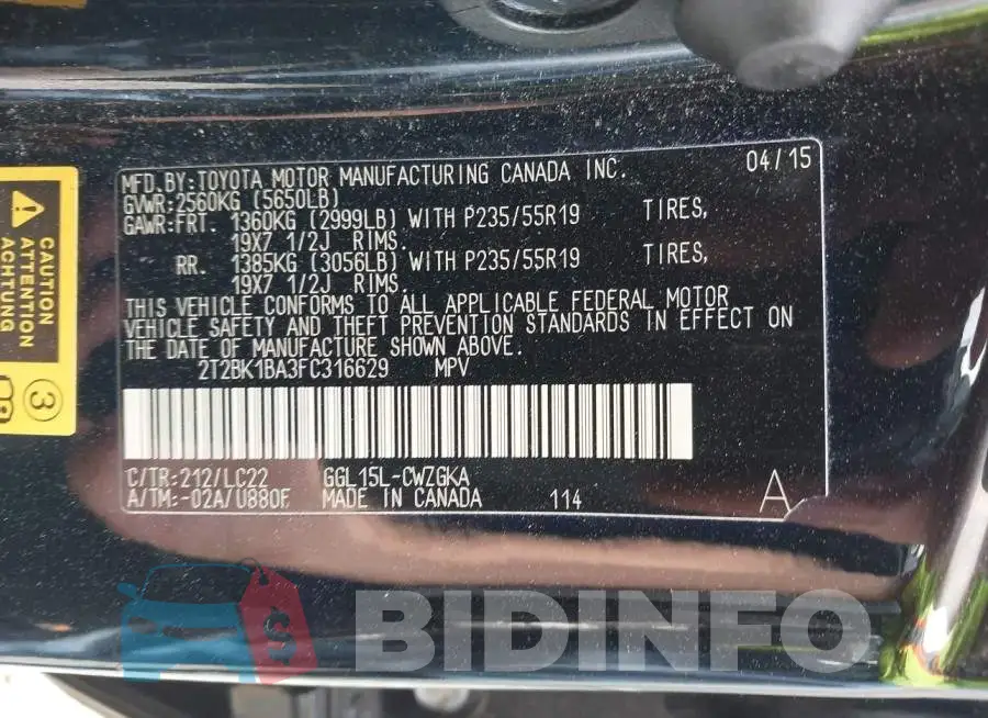 2T2BK1BA3FC316629 Photo# 9