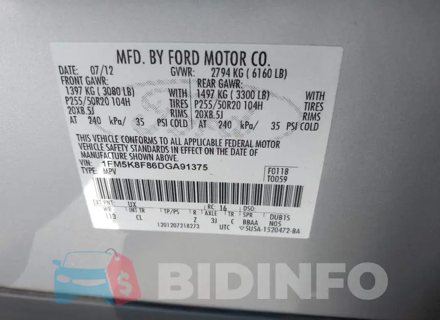 1FM5K8F86DGA91375 Photo# 9