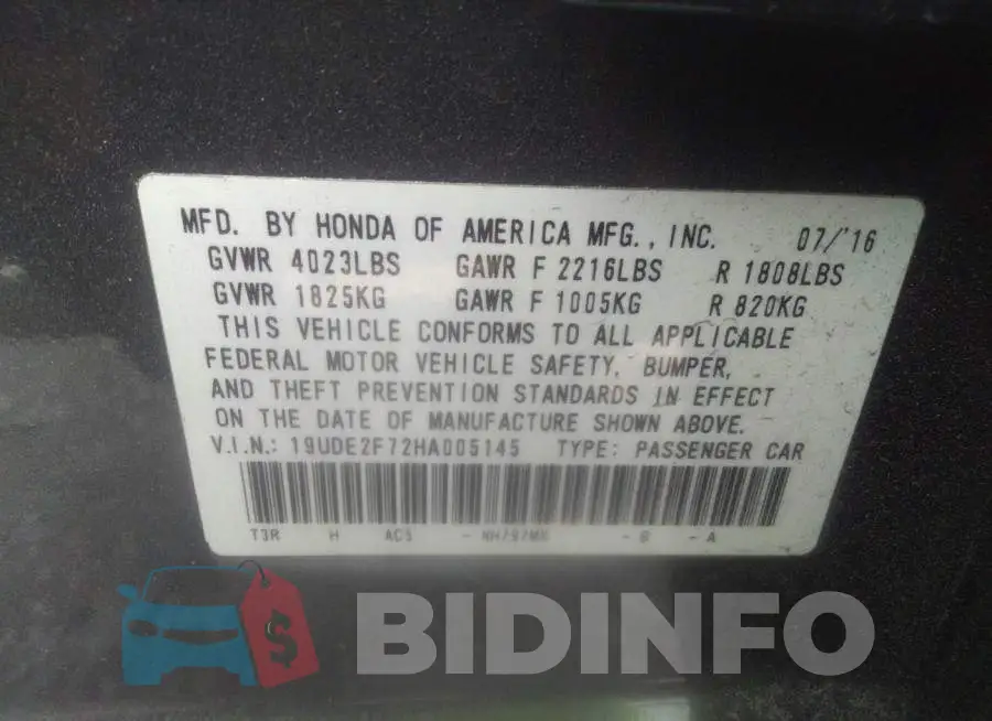 19UDE2F72HA005145 Photo# 9