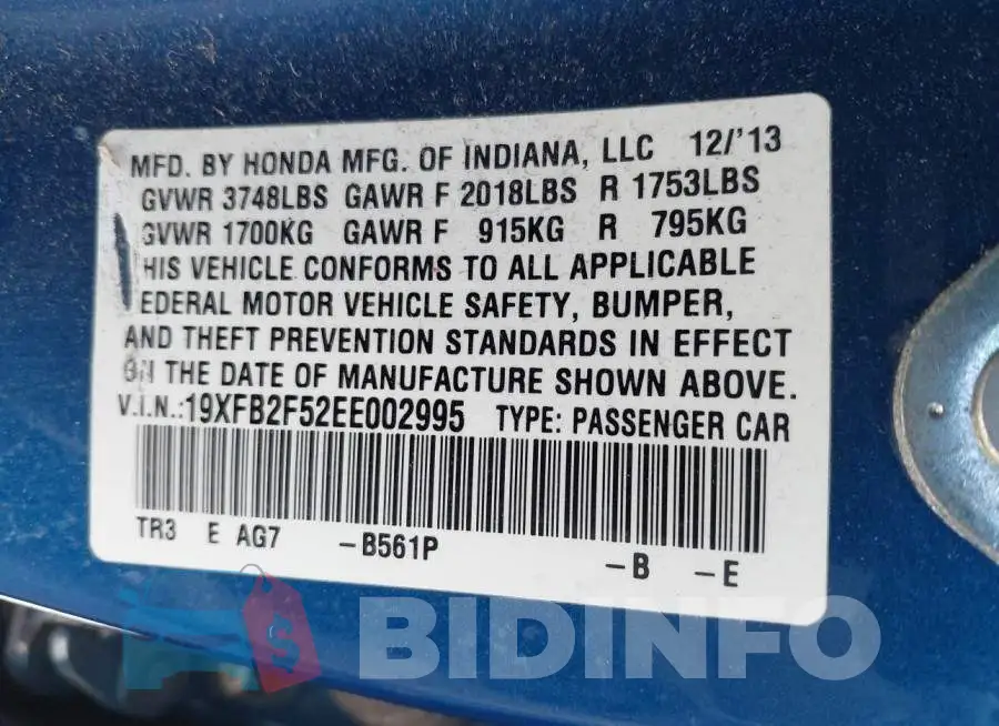 19XFB2F52EE002995 Photo# 9