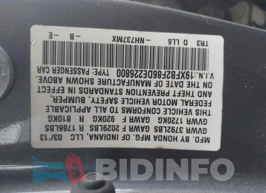 19XFB2F86DE226800 Photo# 9