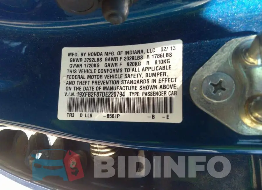 19XFB2F87DE220794 Photo# 9