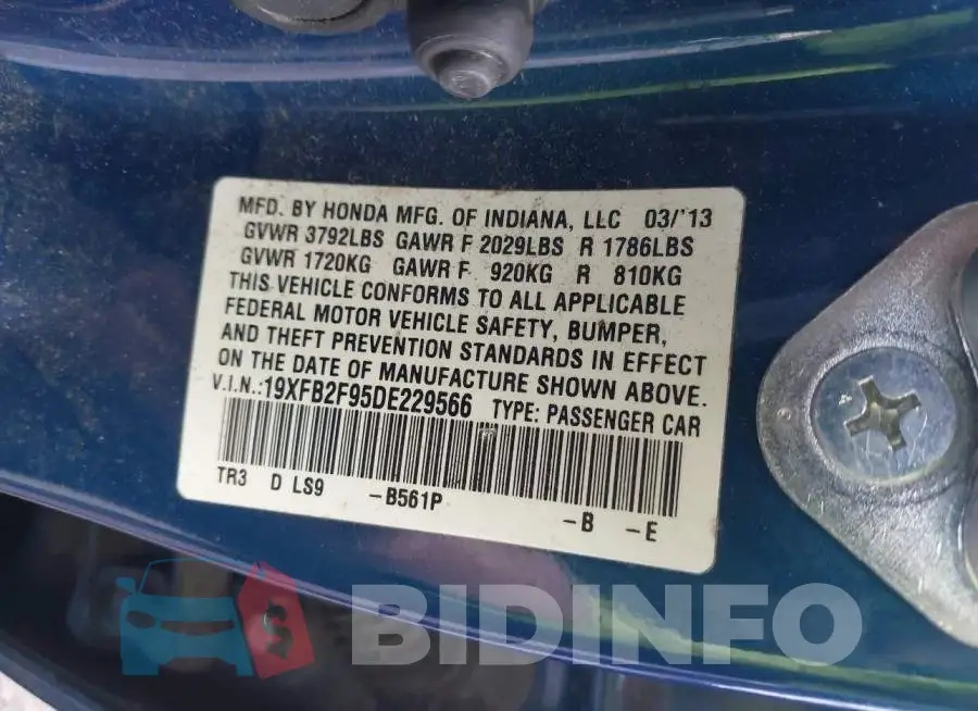 19XFB2F95DE229566 Photo# 9