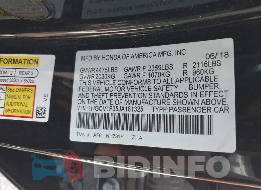 1HGCV1F35JA181325 Photo# 9