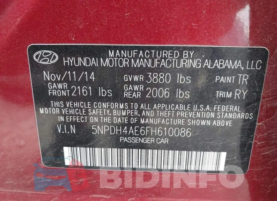 5NPDH4AE6FH610086 Photo# 9