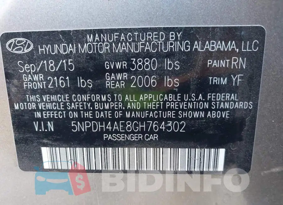 5NPDH4AE8GH764302 Photo# 9