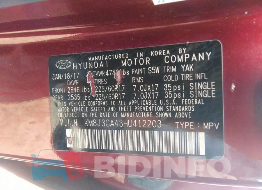 KM8J3CA43HU412203 Photo# 9