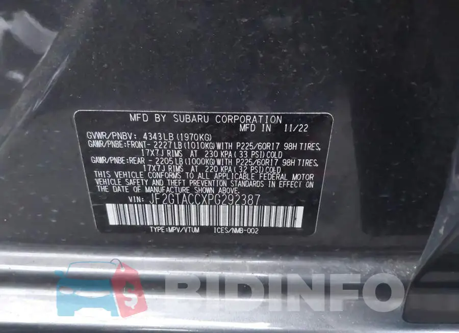 JF2GTACCXPG292387 Photo# 9
