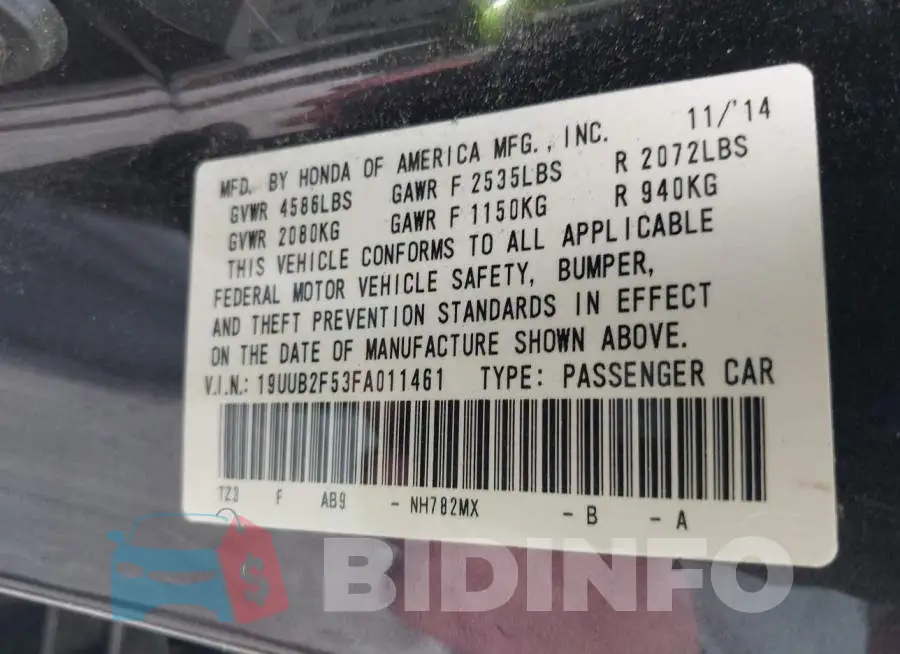 19UUB2F53FA011461 Photo# 9