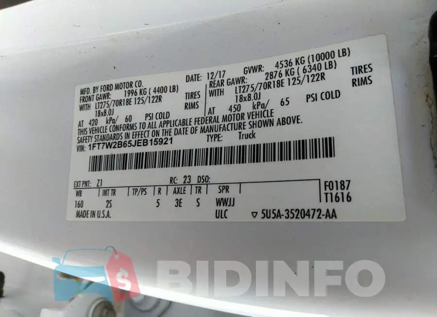 1FT7W2B65JEB15921 Photo# 9