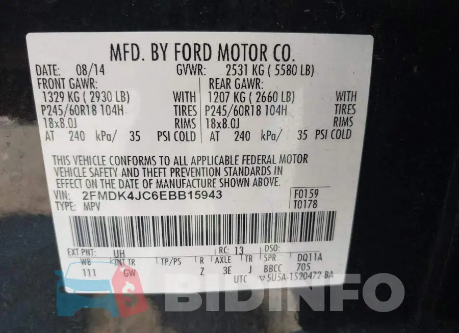 2FMDK4JC6EBB15943 Photo# 9