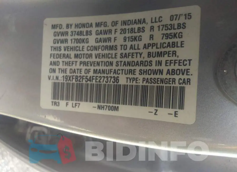 19XFB2F54FE273736 Photo# 9