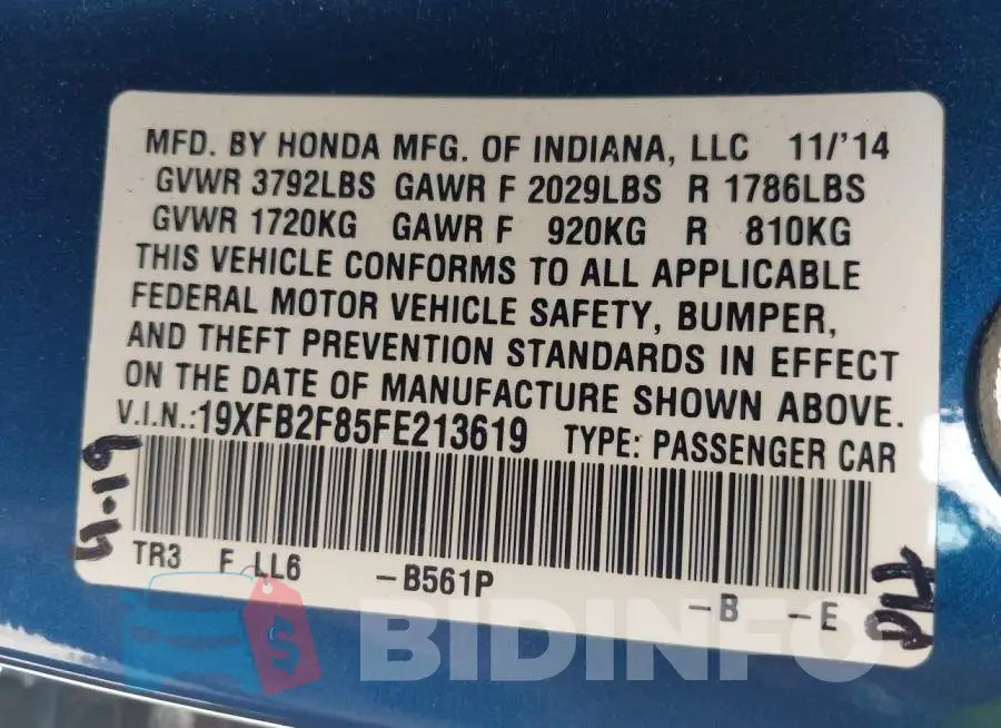 19XFB2F85FE213619 Photo# 9