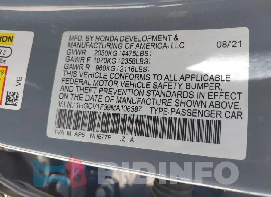 1HGCV1F39MA106387 Photo# 9