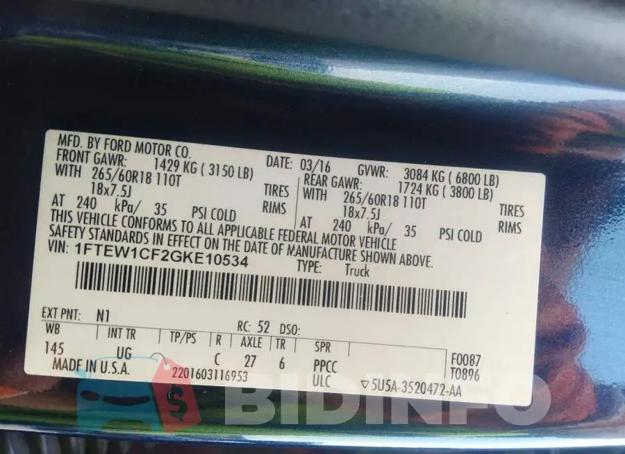 1FTEW1CF2GKE10534 Photo# 9