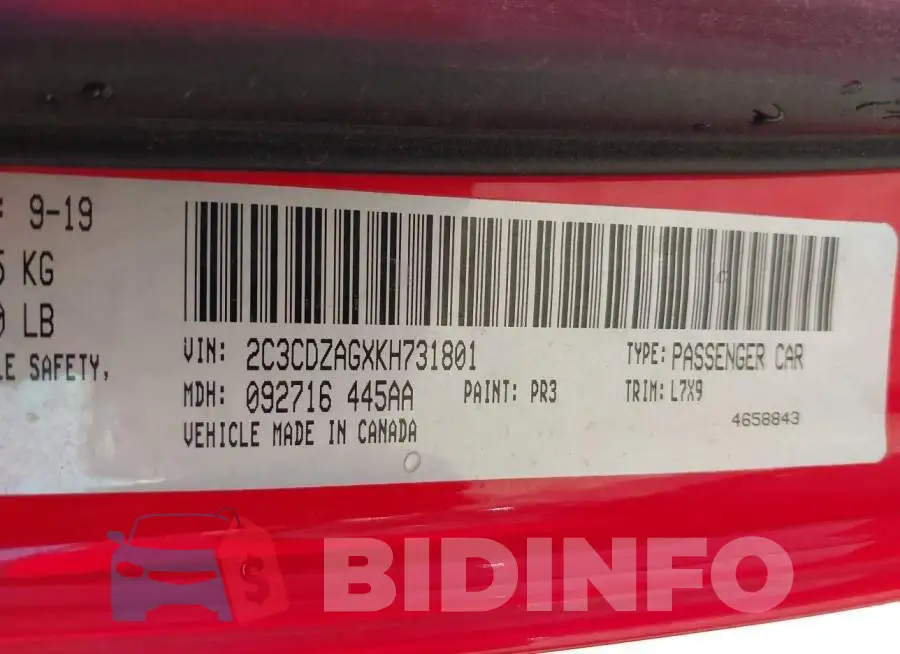 2C3CDZAGXKH731801 Photo# 9