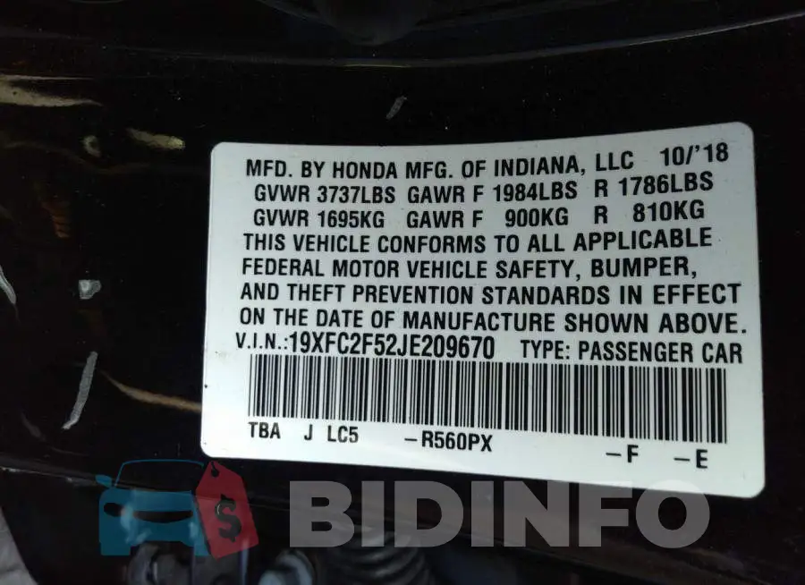 19XFC2F52JE209670 Photo# 9