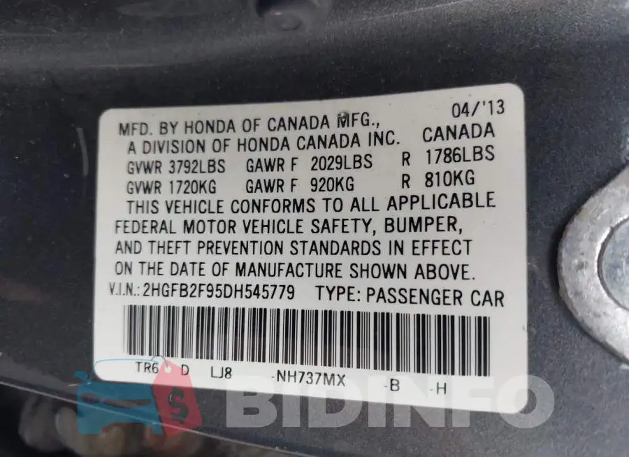 2HGFB2F95DH545779 Photo# 9
