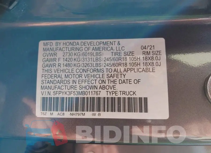 5FPYK3F53MB011767 Photo# 9