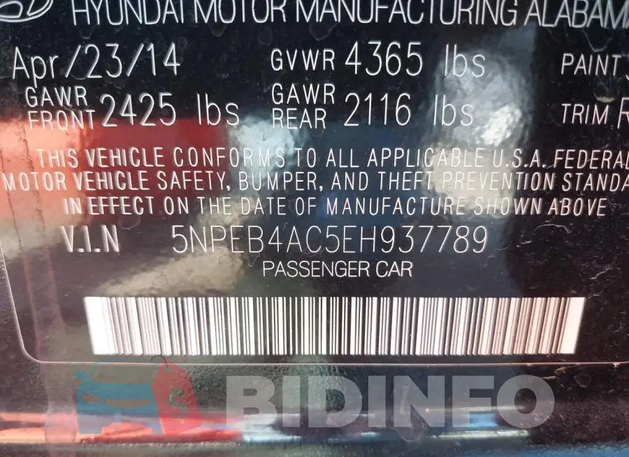 5NPEB4AC5EH937789 Photo# 9