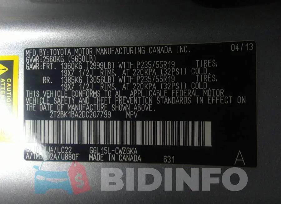2T2BK1BA2DC207799 Photo# 9
