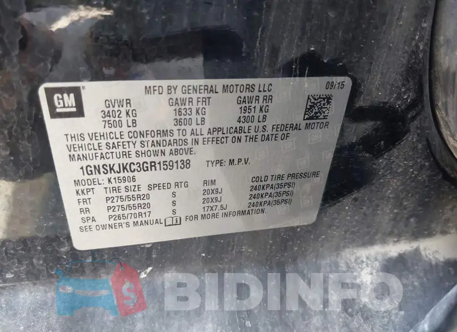 1GNSKJKC3GR159138 Photo# 9