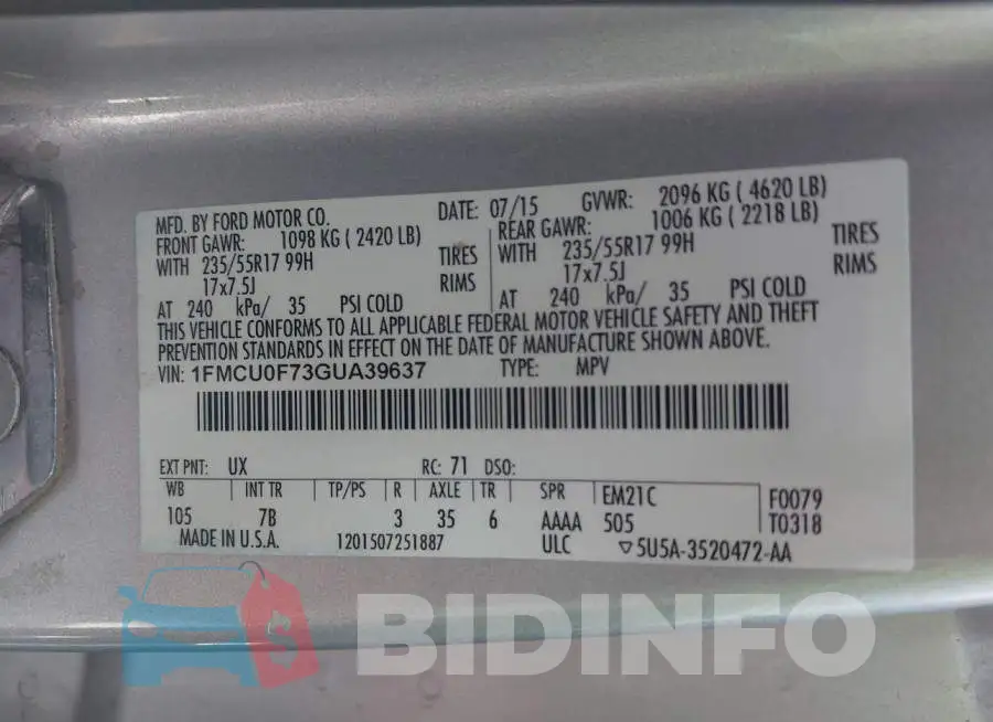1FMCU0F73GUA39637 Photo# 9