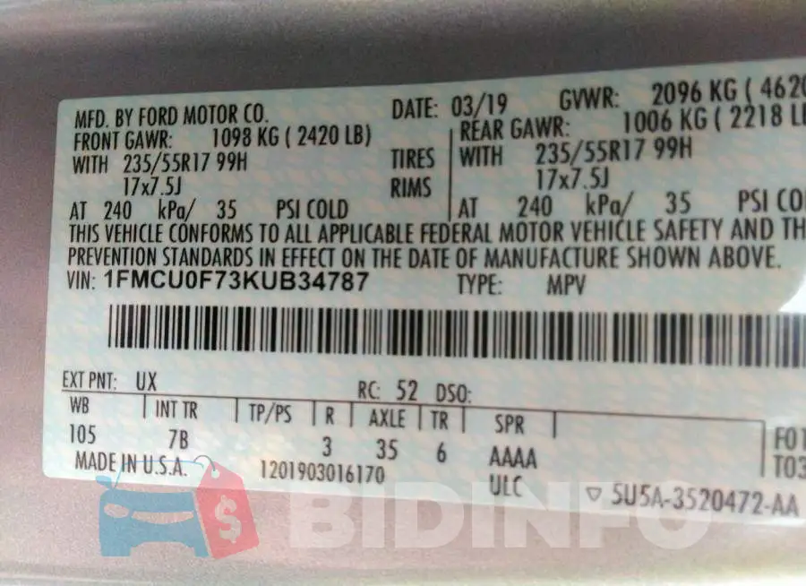 1FMCU0F73KUB34787 Photo# 9