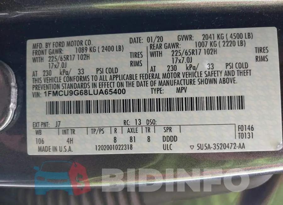 1FMCU9G68LUA65400 Photo# 9